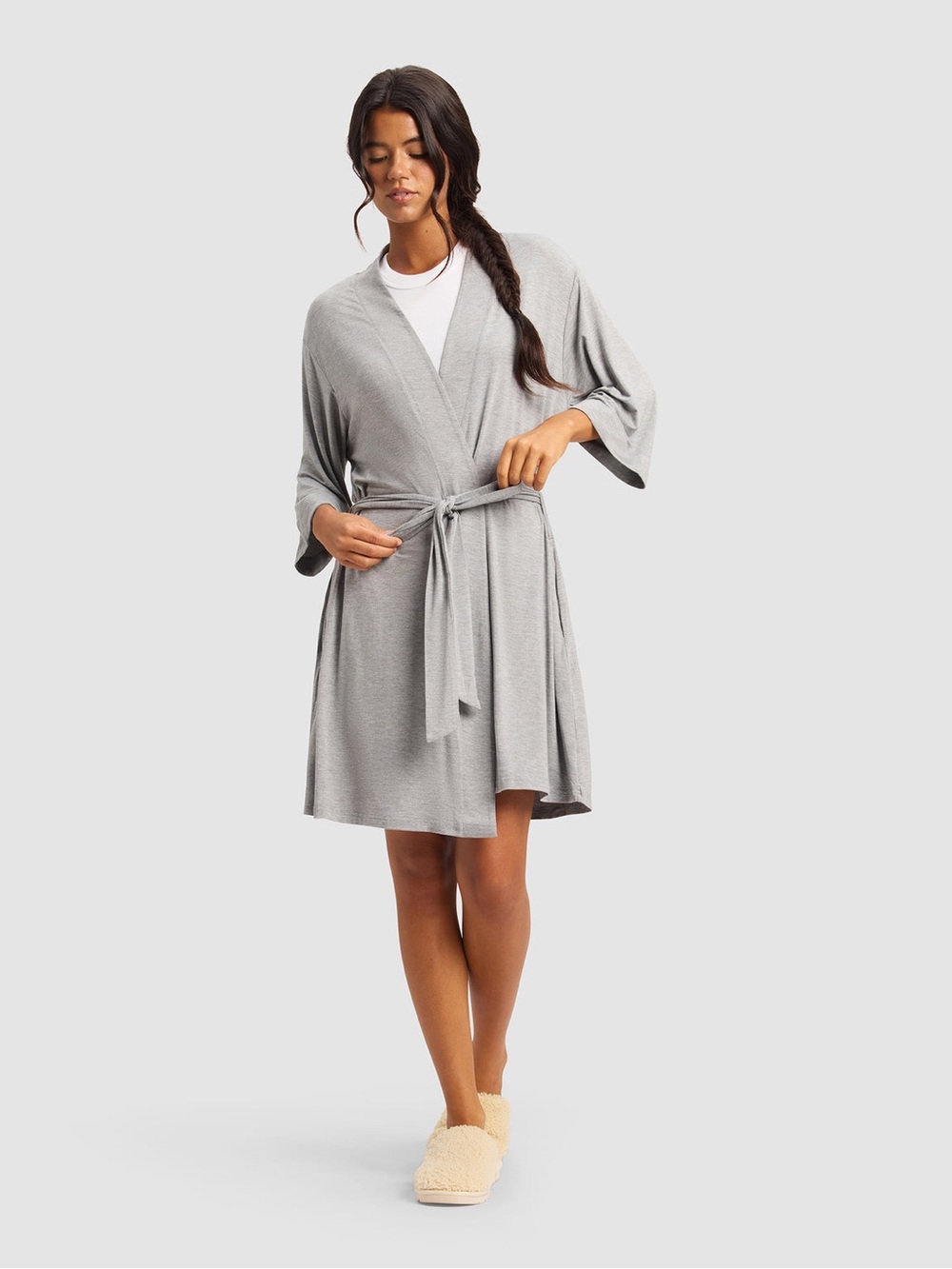 Women's Bamboo Stretch-Knit Kimono Robe Size Medium Grey